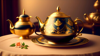 royal luxuries golden cup of tea and teapot