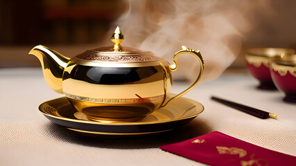 royal luxuries golden cup of tea and teapot