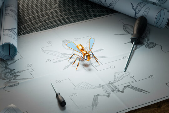 Assembled golden artificial bee robot standing on its blueprint schematics. 4KHD