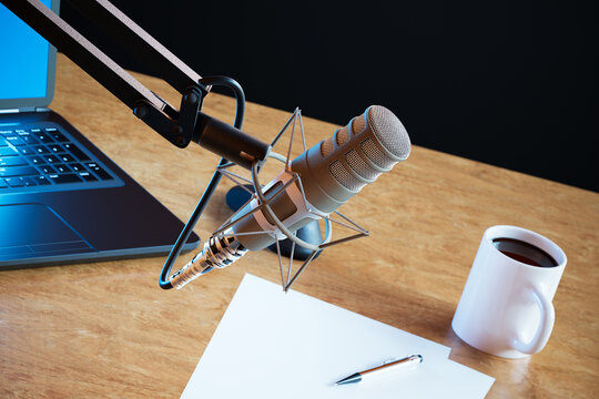 Podcast Audio Recording At Home Studio. Closeup On A Professional Microphone.