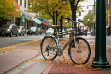 Fototapeta na wymiar City Bike Scene Bicycle Parked Against Urban Bike Rack. Generative AI