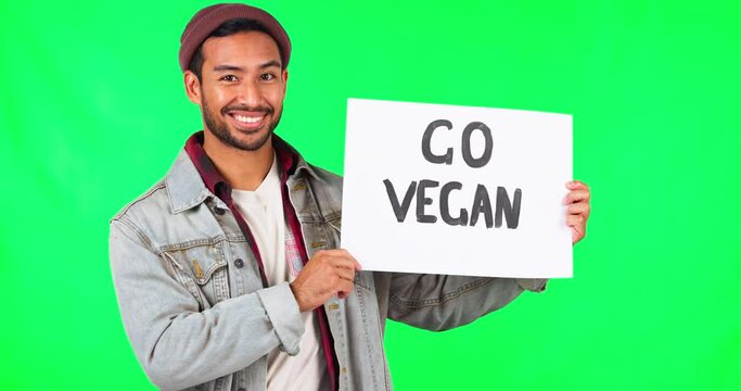 Green screen, pointing and man with a go vegan sign to promote or support a healthy lifestyle using a poster. Activist, diet and portrait of young person or eco warrior with a board for change