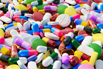 Fototapeta na wymiar Big pile of colorful pills, tablets and capsules. Vitamins, medicine, healthcare