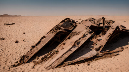 illustration of destroyed ship wreck in desert sand, generative ai	