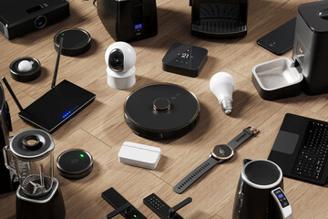 Smart home devices. Modern wireless technology communication domestic appliances
