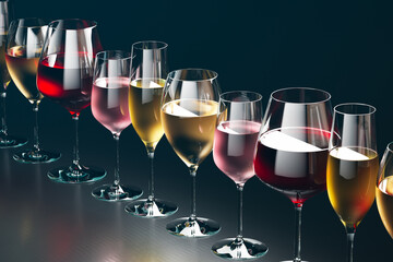 A set of glasses filled with different kinds of wine and sparkling champagne.
