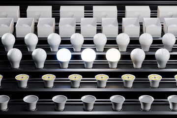 Wireless smart lightbulbs factory. Many electronics on a production line.