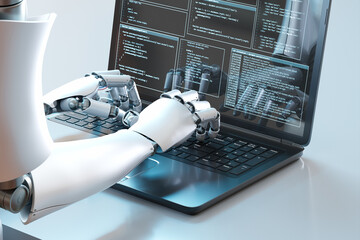 Futuristic concept of humanoid robot writing code on the laptop keyboard.