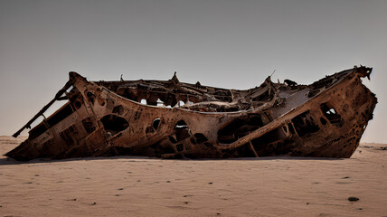illustration of destroyed ship wreck in desert sand, generative ai	