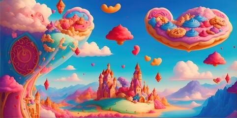 Fantastic colorful bright castles and flying cookies.