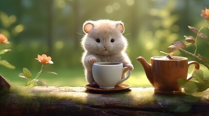 Autumn background of cute baby hamster drinking coffee in forest, Generative Ai