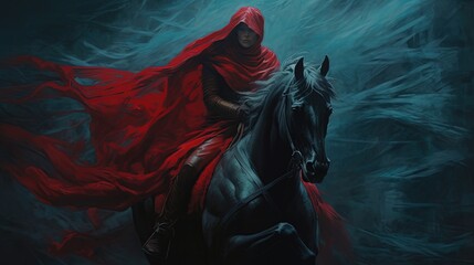 mysterious warrior wearing red cloak riding on black horse, Generative Ai