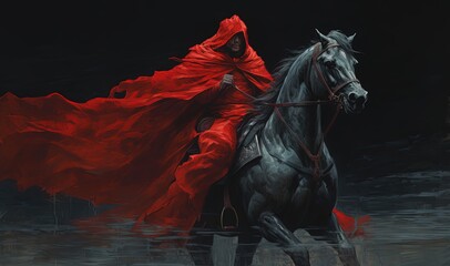 mysterious warrior wearing red cloak riding on black horse, Generative Ai - obrazy, fototapety, plakaty