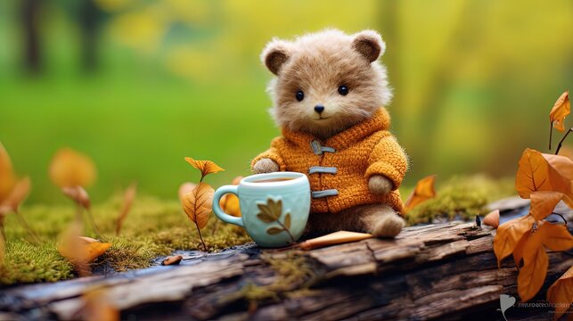 Autumn background of cute baby bear drinking coffee in forest, Generative Ai