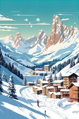 Italian Dolomites in winter ski poster art style Generative AI - obrazy, fototapety, plakaty