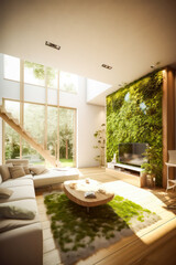 Fototapeta premium 3D rendering Living Room and Garden Concept, Indoor-Outdoor Living with a Harmonious Blend of Nature and Interior Design, Creating a Tranquil Retreat for Relaxation and Entertainment