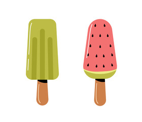 Set of Ice creams sticker. Frozen dessert and delicacy. Junk sugar food for summer season. Holiday and vacation. Social media sticker. Cartoon flat vector collection isolated on white background
