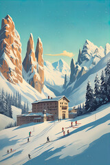 Italian Dolomites in winter ski poster art style Generative AI