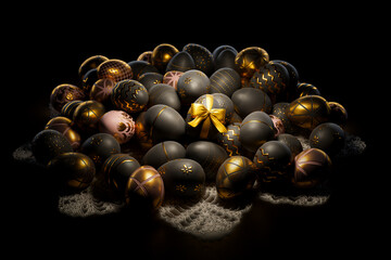Glamour Easter eggs with golden decorative patterns and ribbon. Happy Easter.