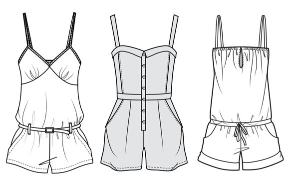Women's Strappy Playsuit Fashion Flat Sketch Vector Illustration, CAD, Technical Drawing, Flat Drawing, Template, Mockup.