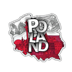 Poland map in hand drawn doodle style with main national values.