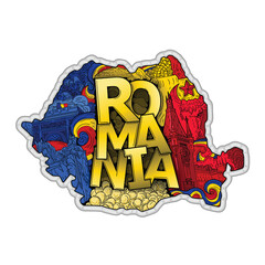 Romania map in hand drawn doodle style with main national values.