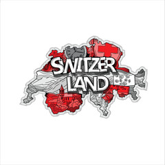 Switzerland map in hand drawn doodle style with main national values.