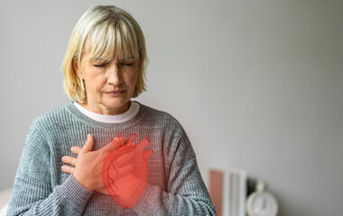 Senior adult elderly woman with chest pain suffering from heart attack, health and medical, heart...