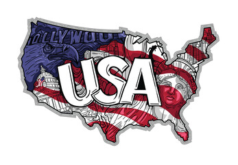 USA map in hand drawn doodle style with main national values.