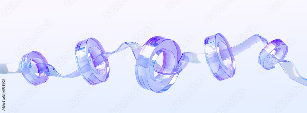 Wall mural glass iridescent composition with flying wavy ribbon and hologram rings 3d render. rainbow liquid wa