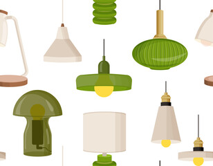 Seamless pattern with lamps concept. Repeating design element for printing on fabric. Lighting sources, decor and interior for apartment and house. Cartoon flat vector illustration