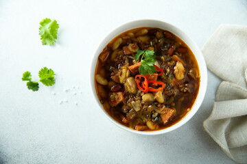 Healthy eggplant ragout with chili pepper and cilantro