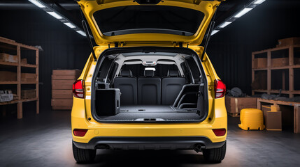 Huge, clean and empty car trunk in interior of compact suv. Rear view of a yellow SUV car with open trunk. Generative AI - obrazy, fototapety, plakaty