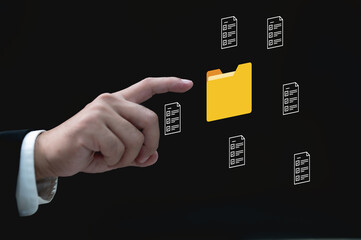 Fototapeta premium business man holding virtual files and folders diagram , manage digital files document with Global Internet connection. Business global internet connection application technology