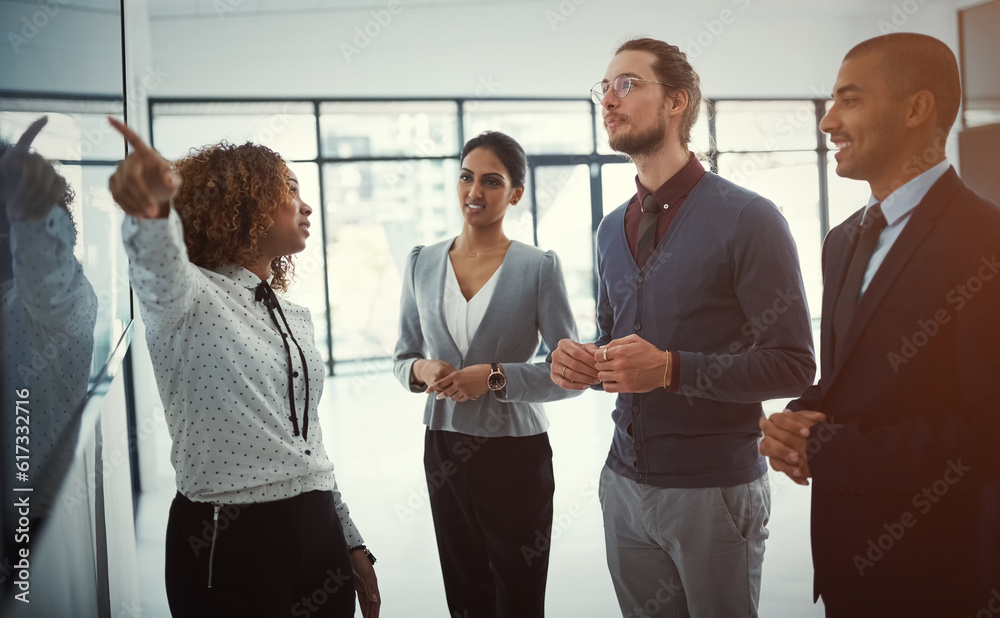 Aufkleber Presentation, training and meeting with business people in office for project management, coaching and strategy. Chart, idea and speaker with woman in workshop for teamwork, seminar and planning