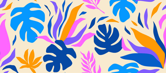 Fototapeta na wymiar tropical leave and flower seamless pattern. Cute botanical shapes.