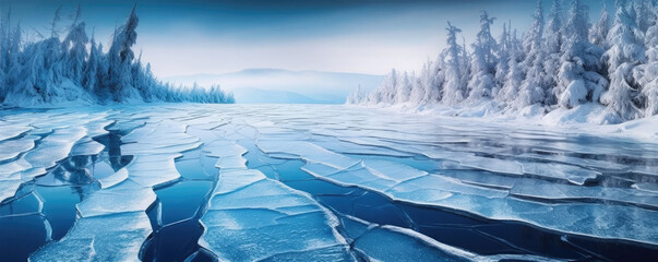 Fototapeta na wymiar Cracks on the ice surface. panorama or wide photo, generative ai