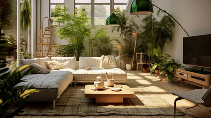 Obraz premium 3D render Nature's Haven- A Serene Fusion of Living Room and Garden relax view for Tranquility and Harmonious Connection interior design.jpg