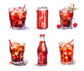 Refreshing Cola Illustrations - Glass, Bottle, and Can, in Watercolor on White Background, with Ice Cubes, AI Generated