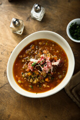 Homemade lentil soup with smoked bacon