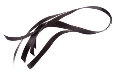 Black ribbon long straight fly in air with curve roll shiny. Black ribbon for present gift birthday...