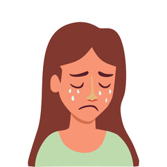 Mental health concept. Sad young girl is crying. Emotion of sadness. Psychology . Mood disorder. Teenage depression. Modern vector flat style illustration isolated on white.