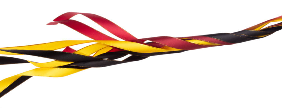 Black gold red ribbon long straight fly in air with curve roll shiny. Black gold red ribbon for present gift birthday party to wrap around decorate and curve long straight. White background isolated