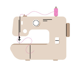 Sewing machine sticker concept. Clothing production, fashion, trend and style. Seamstress and taylor equipment, needlework. Cartoon flat vector illustration isolated on white background