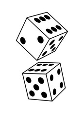 Dice game. Gamble. Casino luck, game symbol. Simple two cubes, in the air. Roll the dice