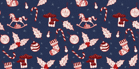 Vintage Christmas seamless pattern. Original illustration pattern design for Christmas Eve or New Year celebration. Perfect for gift, web banner, card, poster, etc.