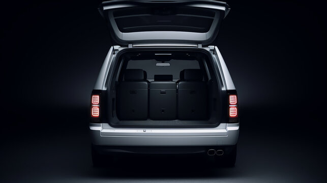 Huge, clean and empty car trunk in interior of compact suv. Rear view of a white SUV car with open trunk. Generative AI