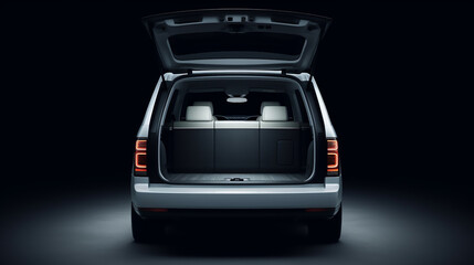 Huge, clean and empty car trunk in interior of compact suv. Rear view of a white SUV car with open trunk. Generative AI - obrazy, fototapety, plakaty