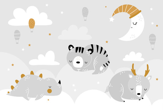 Vector children hand drawn cute animals sleeping on clouds, air balloons and moon. Deer, tiger, dino. Illustration in scandinavian style. Kids wallpaper design. Baby room design, wall decor, mural.
