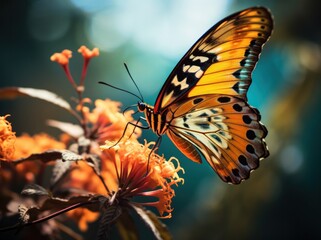Fototapeta na wymiar Orange butterfly sitting on flower. Illustration AI Generative.